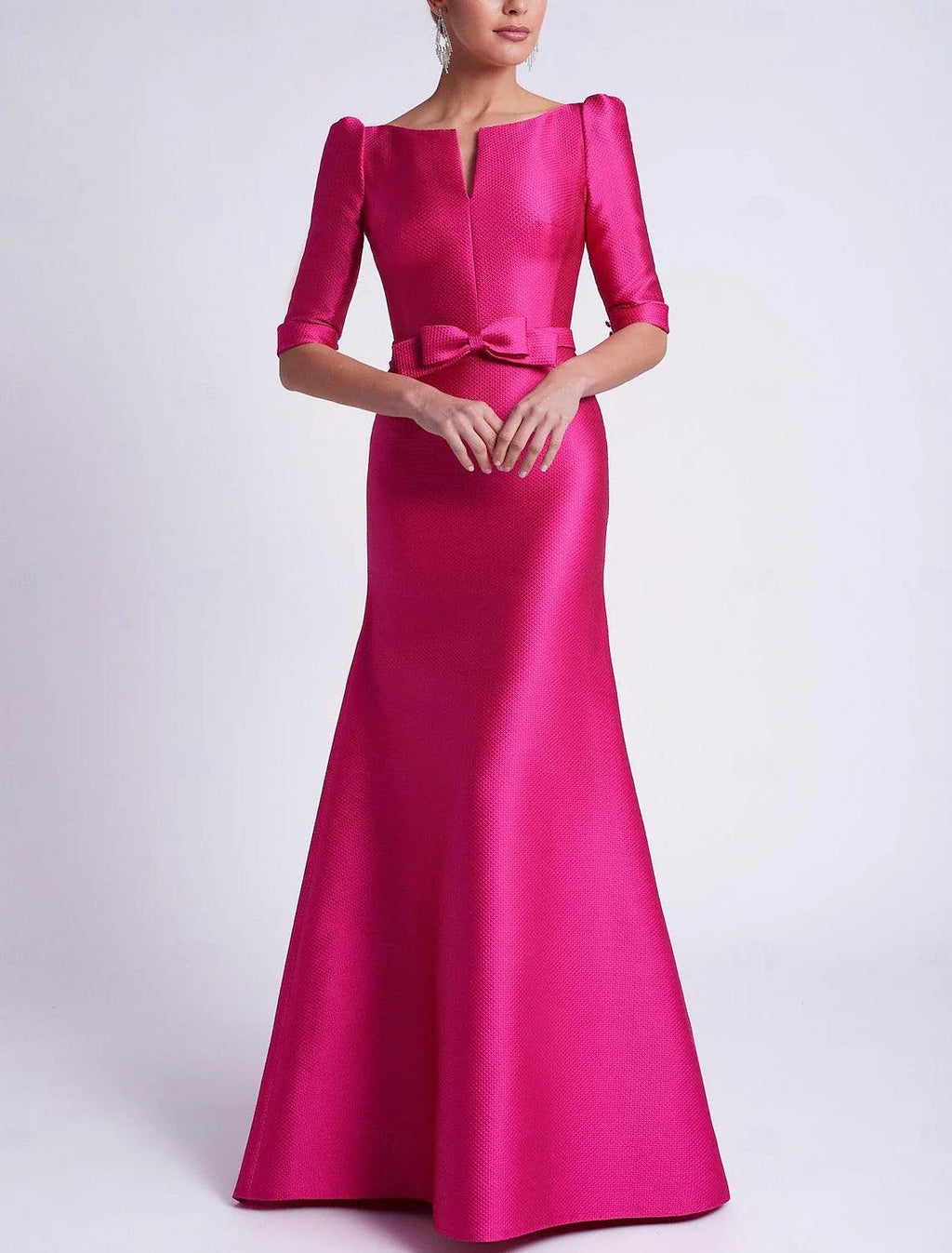 Bodenlanges Abendkleid für Hochzeitsgäste, 3/4-Ärmel, V-Ausschnitt, Satin mit Schleife(n), elegantes Kleid