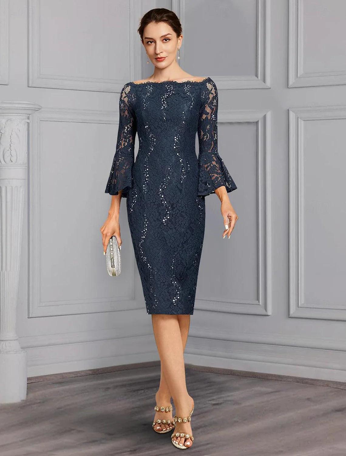 Vestido de novia elegante para invitada de boda formal, fiesta, hombros descubiertos, largo hasta la rodilla, de gasa, encaje, imitación seda, manga 3/4 con lazo(s)