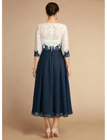 Wedding Guest Elegant Elegant Dress Vintage Jewel Neck Tea Length Chiffon Lace Half Sleeve with Lace Appliques Color Block Mother of the Bride Dress
