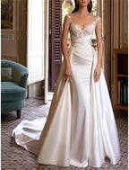 Vestidos de novia, vestido de fiesta, hombros descubiertos, escote en V, pliegues, sin mangas, cola capilla, vestidos de novia de satén