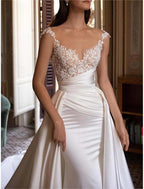 Vestidos de novia, vestido de fiesta, hombros descubiertos, escote en V, pliegues, sin mangas, cola capilla, vestidos de novia de satén
