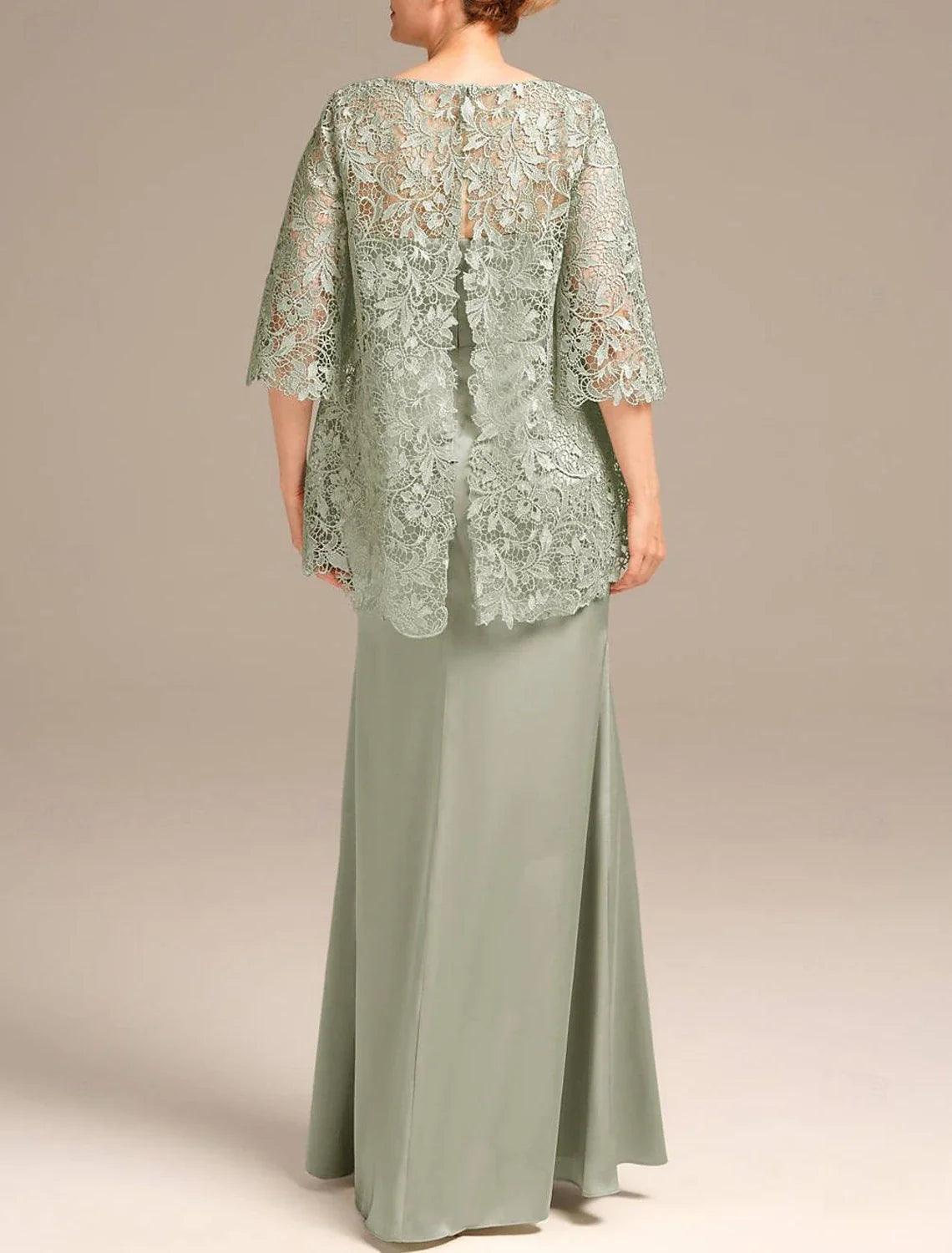 Elegantes Hochzeitsgastkleid mit Rundhalsausschnitt, bodenlange Satinspitze, halbe Ärmel mit Stickerei, Kleid für die Brautmutter