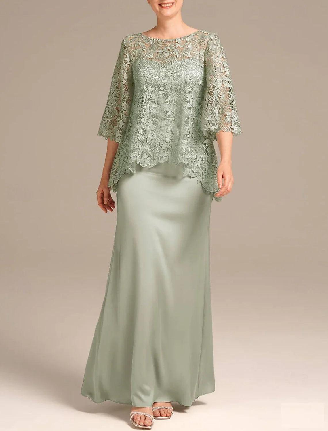 Elegantes Hochzeitsgastkleid mit Rundhalsausschnitt, bodenlange Satinspitze, halbe Ärmel mit Stickerei, Kleid für die Brautmutter