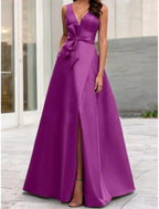 Vestido de noche formal de mascarada con abertura alta, largo hasta el suelo, sin mangas, escote en V, cinturón/faja, satén con lazo(s), abertura