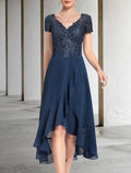 Wedding Guest Dress Elegant High Low V Neck Length Chiffon Lace Short Sleeve with Tier Mother of the Bride Dress