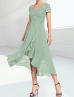Wedding Guest Dress Elegant High Low V Neck Length Chiffon Lace Short Sleeve with Tier Mother of the Bride Dress
