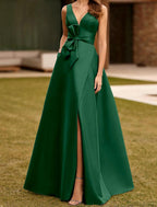 Vestido de noche formal de mascarada con abertura alta, largo hasta el suelo, sin mangas, escote en V, cinturón/faja, satén con lazo(s), abertura