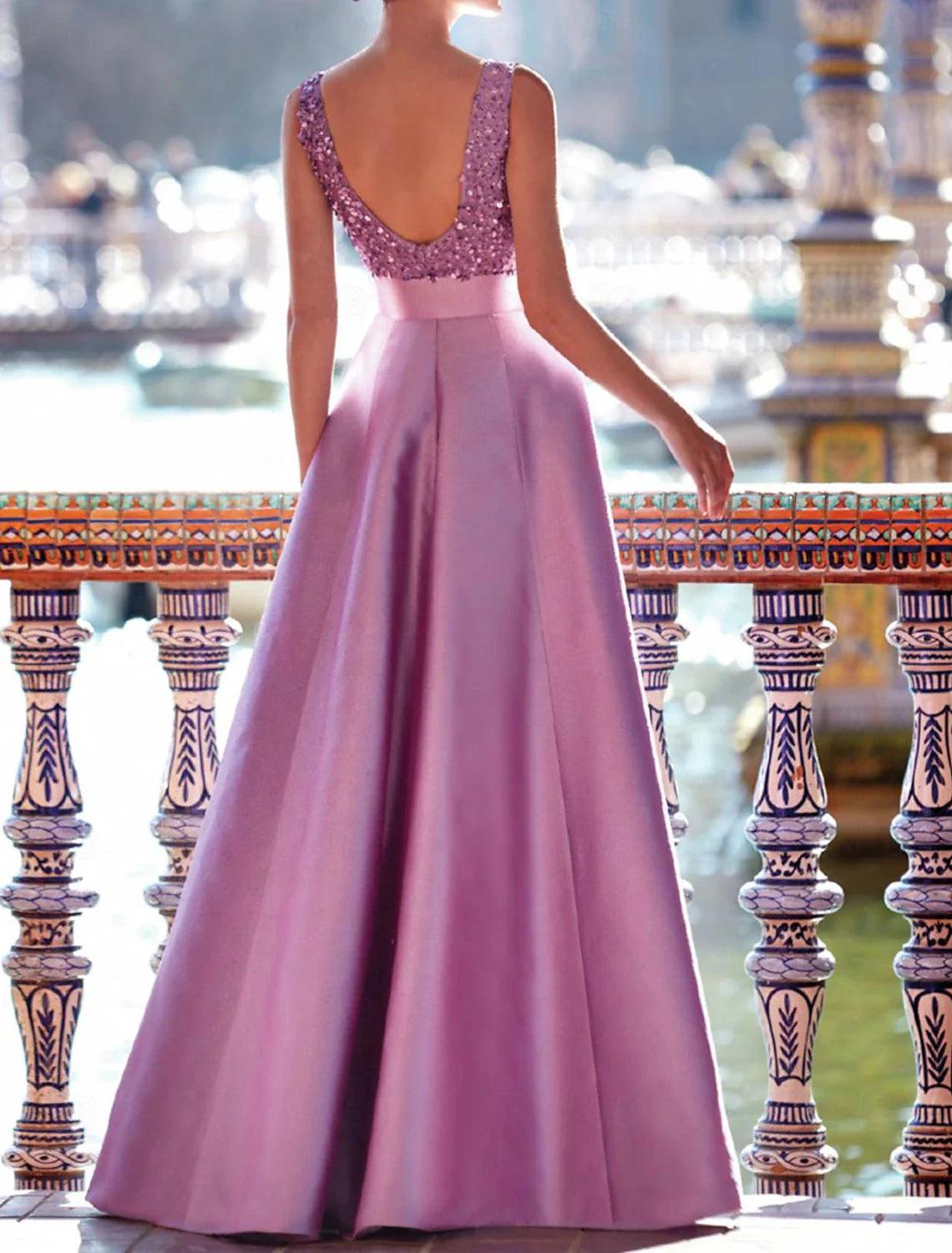 Kleid Elegantes formelles Hochzeitskleid Bodenlang Ärmellos V-Ausschnitt Tasche Satin mit Perlen Abendkleid