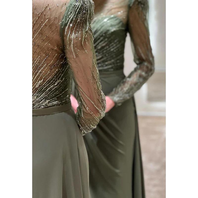 Vestido de noche largo de fiesta con cuello redondo, mangas largas y cuentas, corte A