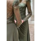 Vestido de noche largo de fiesta con cuello redondo, mangas largas y cuentas, corte A