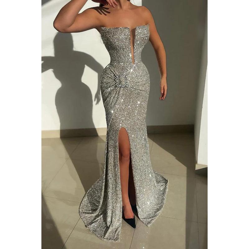 Vestido de fiesta de graduación con escote en V, sin mangas, lentejuelas y abertura en forma de trompeta