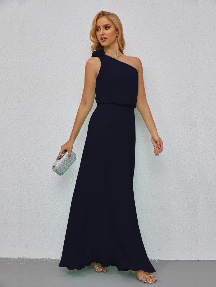 Ruffled One Shoulder Sleeveless Long Bridesmaid Dresses A-line Formal Evening Gown Side Split 28080-numbersea