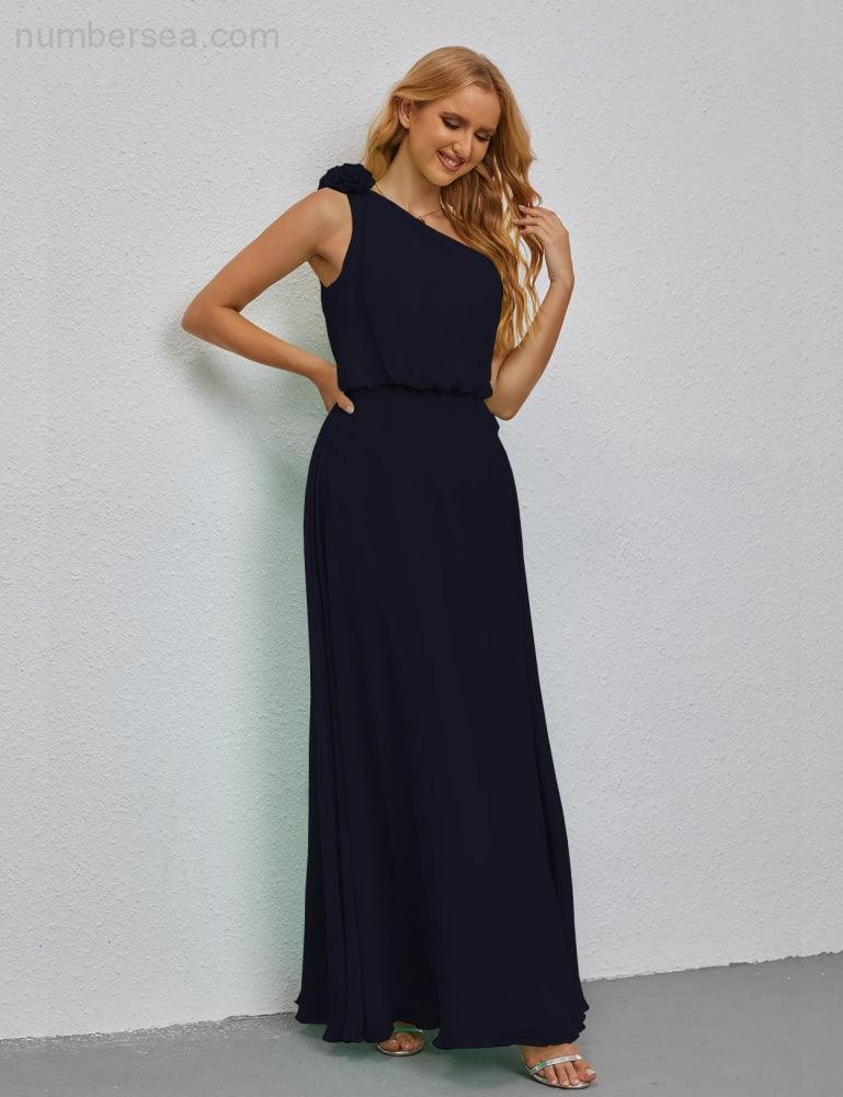 Ruffled One Shoulder Sleeveless Long Bridesmaid Dresses A-line Formal Evening Gown Side Split 28080-numbersea