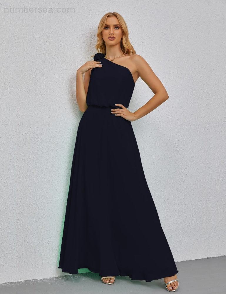 Ruffled One Shoulder Sleeveless Long Bridesmaid Dresses A-line Formal Evening Gown Side Split 28080-numbersea