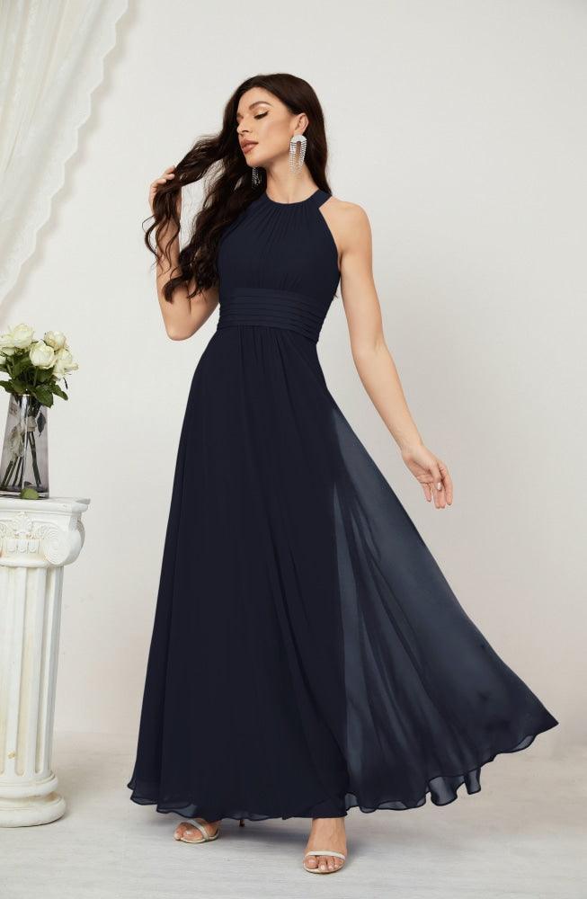 Numbersea Formal Party Gown Dress Chiffon Halter Long Sleeveless Bridesmaid Dresses 2802 Dark Navy
