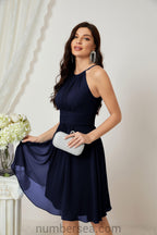 Halter Bridesmaid Dresses Knee Length A Line Formal Evening Party Cocktail Dress 28011 Dark Navy