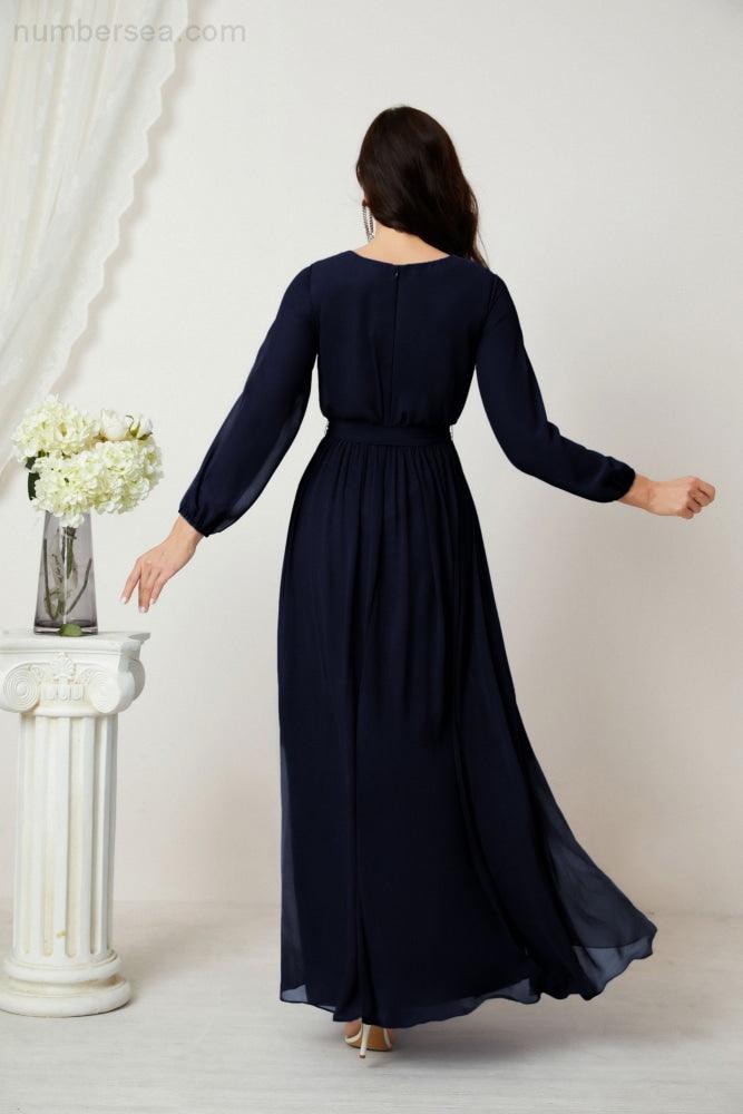 Numbersea Evening Dresses Deep V-Neck Chiffon Bridesmaid Dresses Long Bishop Sleeve Side Split Formal Dress 2806-numbersea