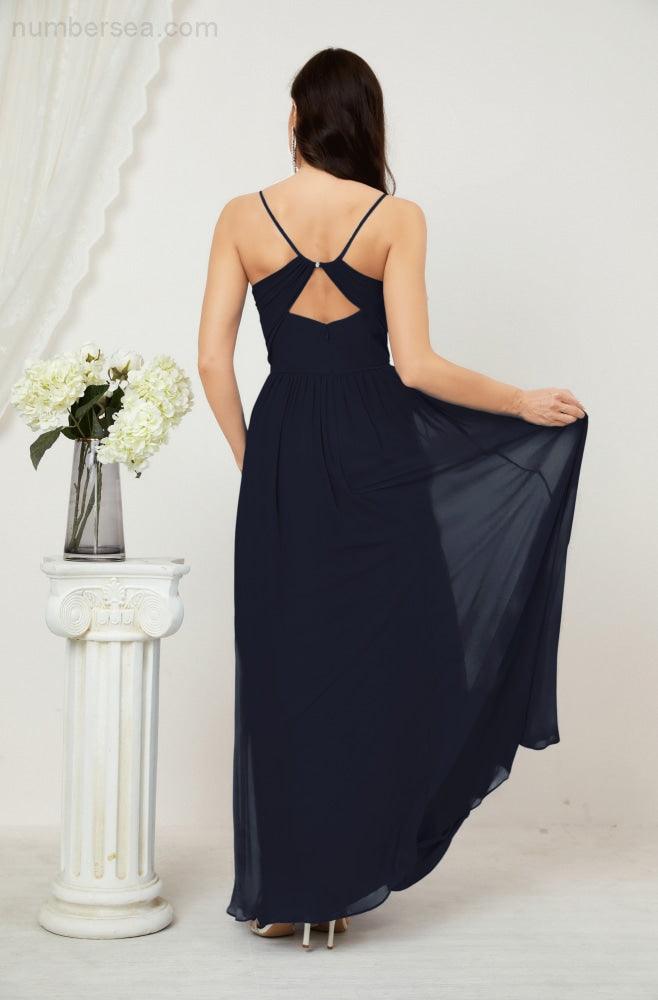 Numbersea Neck Bridesmaid Dresses Chiffon Long Spaghetti A-line Formal Prom Gown for Wedding Party Evening 2801-numbersea