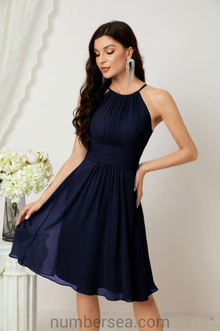 Halter Bridesmaid Dresses Knee Length A Line Formal Evening Party Cocktail Dress 28011
