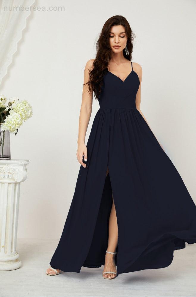 Numbersea Neck Bridesmaid Dresses Chiffon Long Spaghetti A-line Formal Prom Gown for Wedding Party Evening 2801-numbersea