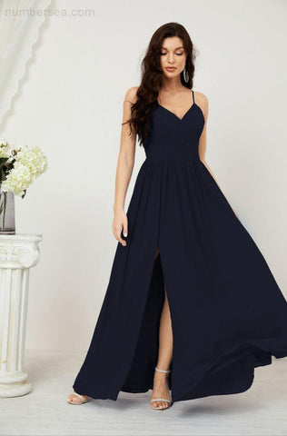 Numbersea Neck Bridesmaid Dresses Chiffon Long Spaghetti A-line Formal Prom Gown for Wedding Party Evening 2801-numbersea