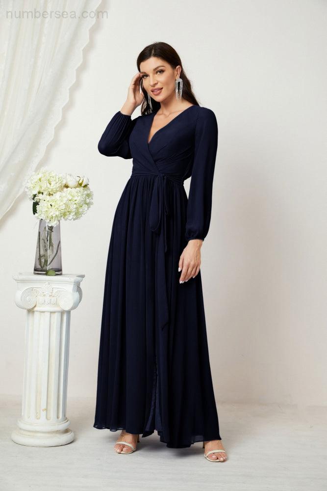 Numbersea Evening Dresses Deep V-Neck Chiffon Bridesmaid Dresses Long Bishop Sleeve Side Split Formal Dress 2806-numbersea