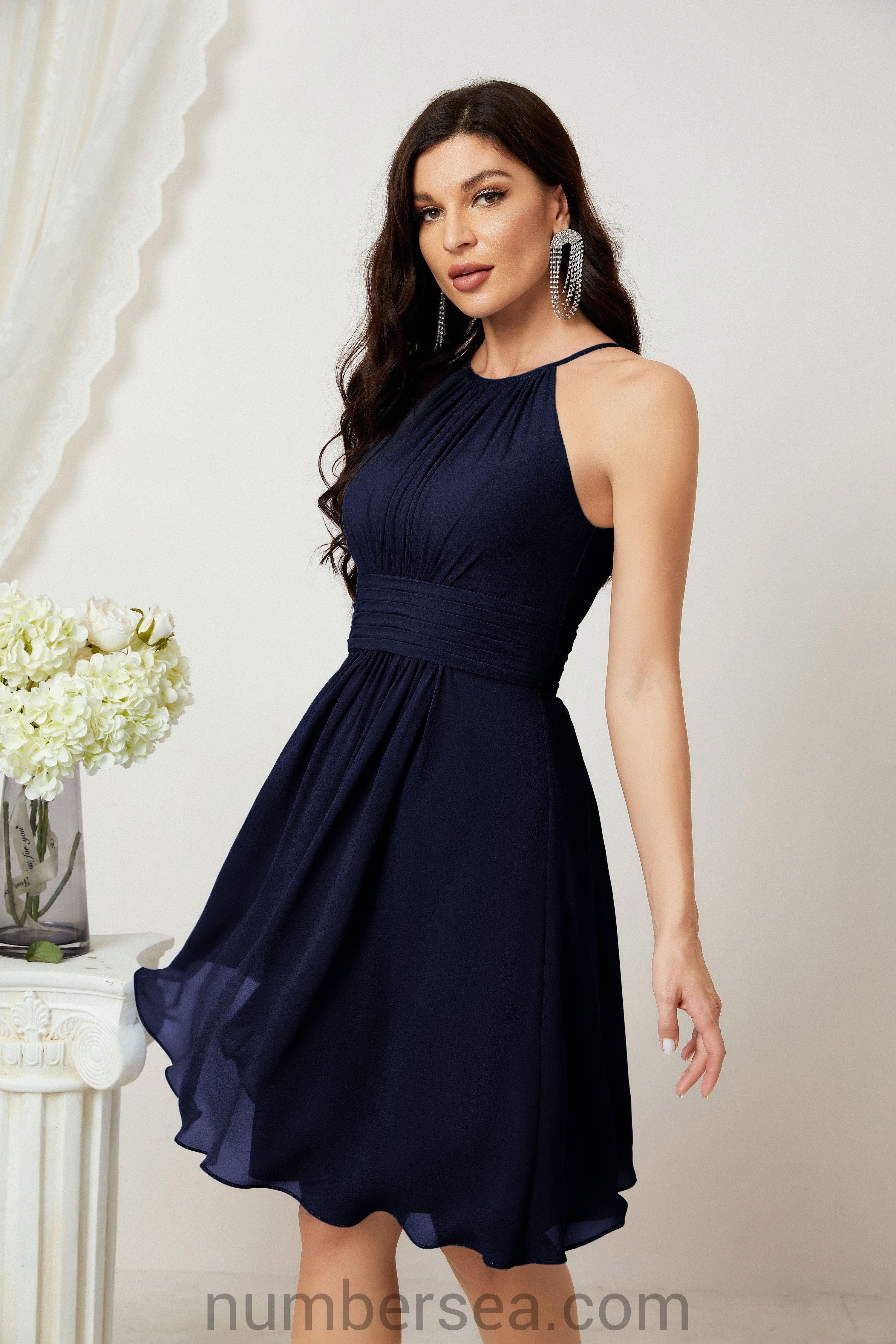 Halter Bridesmaid Dresses Knee Length A Line Formal Evening Party Cocktail Dress 28011