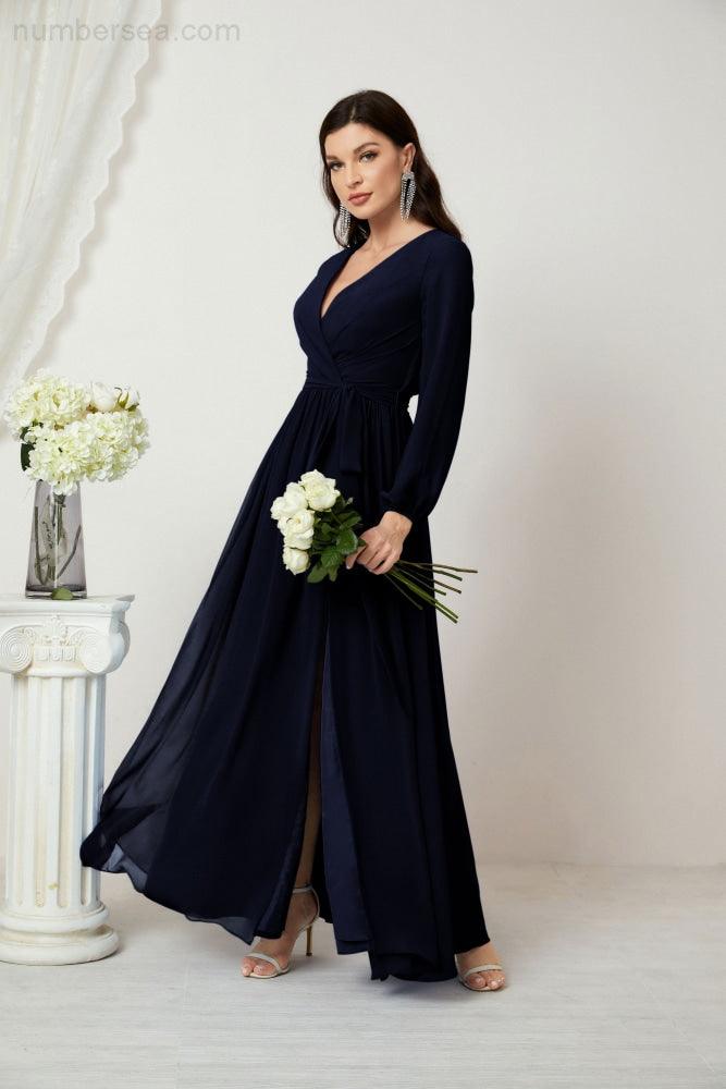 Numbersea Evening Dresses Deep V-Neck Chiffon Bridesmaid Dresses Long Bishop Sleeve Side Split Formal Dress 2806-numbersea