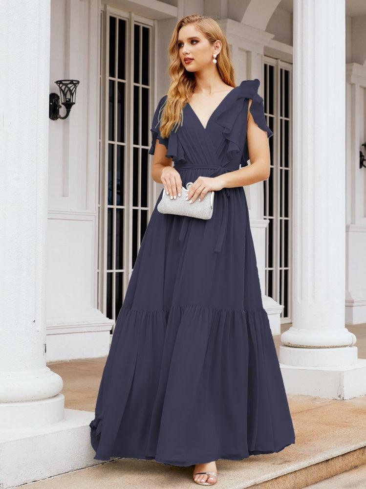 Numbersea Women's Open Back Formal Evening Party Prom Gowns V-Neck Long Chiffon Bridesmaid Dresses with Waist Belt 28038-numbersea