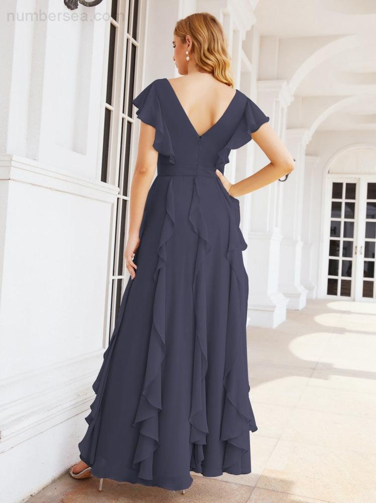 Ruffled Bridesmaid Dresses with Sleeves Long Formal Party Dress 28041-numbersea