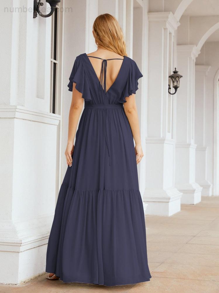 Numbersea Women's Open Back Formal Evening Party Prom Gowns V-Neck Long Chiffon Bridesmaid Dresses with Waist Belt 28038-numbersea