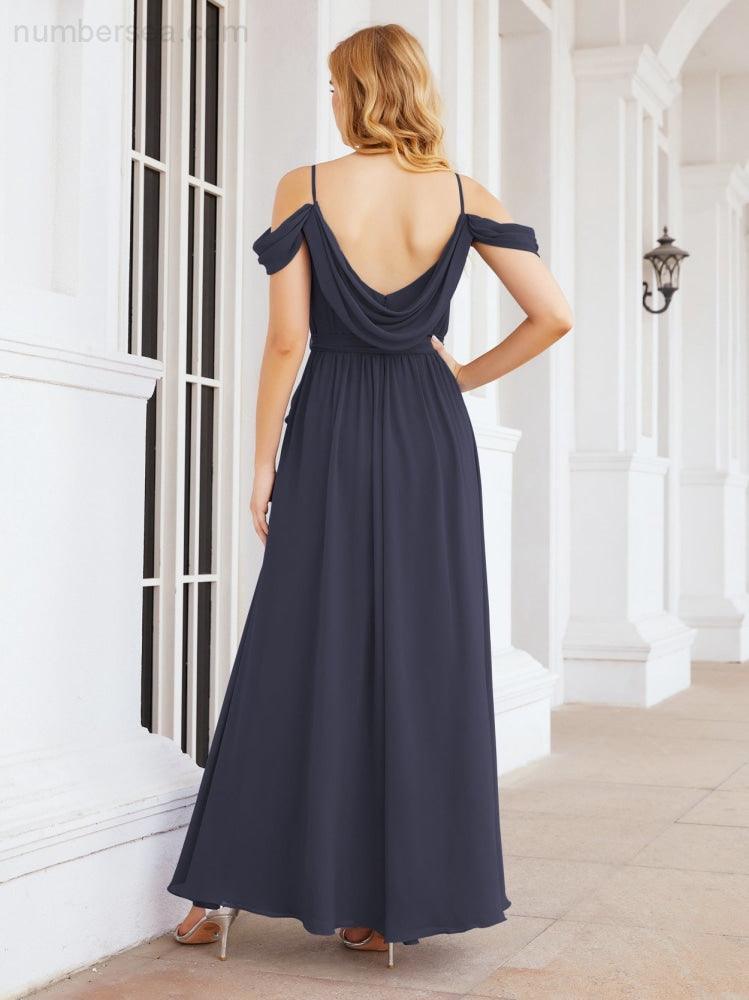 Numbersea Off The Shoulder Chiffon Bridesmaid Dress Long Formal Graduation Gown with Cowl Back 28069-numbersea