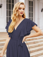 Numbersea Women's Open Back Formal Evening Party Prom Gowns V-Neck Long Chiffon Bridesmaid Dresses with Waist Belt 28038-numbersea