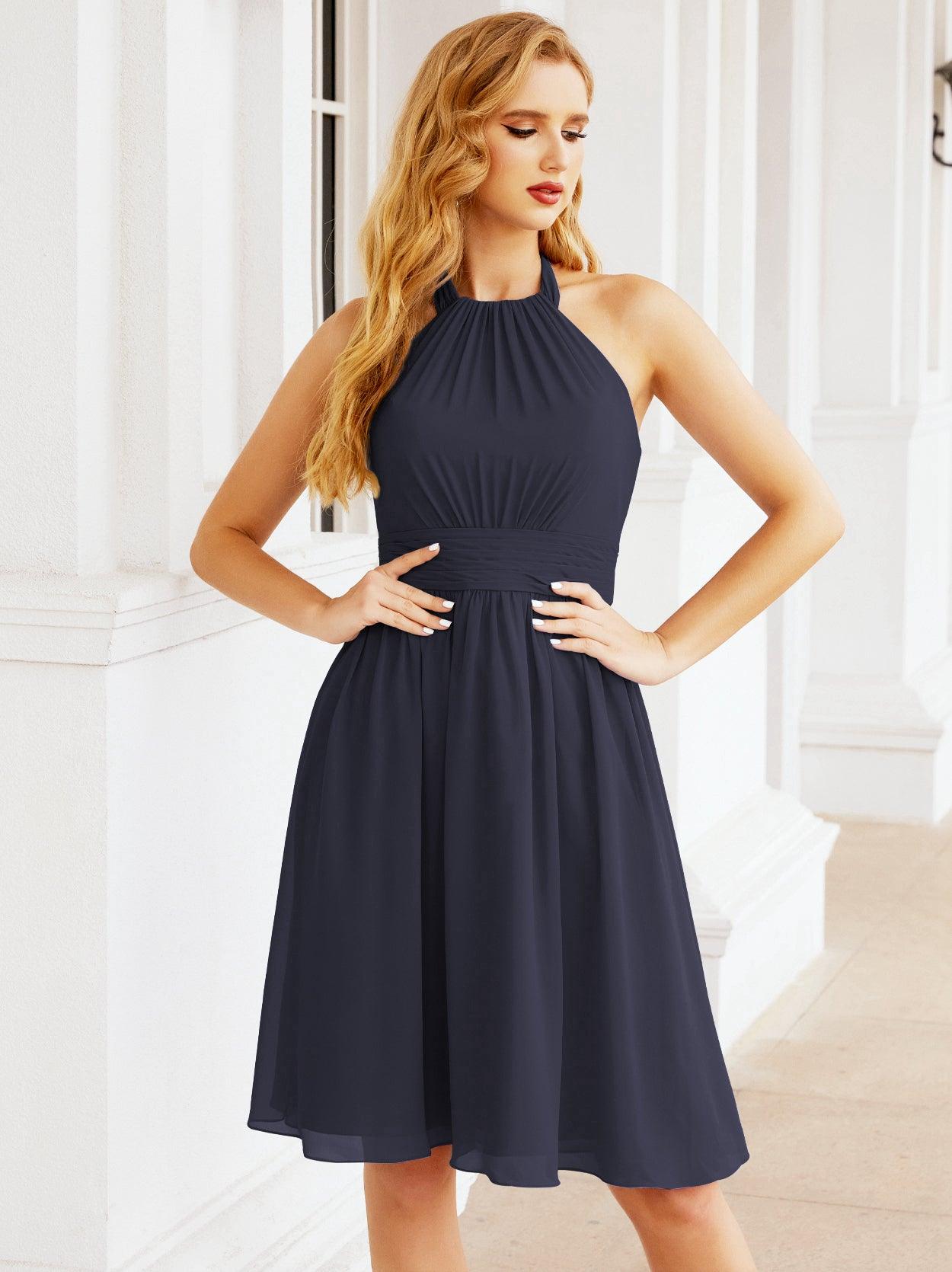 Numbersea Neckholder-Brautjungfernkleid aus Chiffon, kurz, ärmellos, formelles Partykleid, offener Rücken, 28023