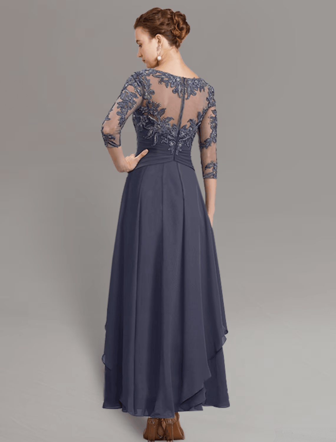 Sheath / Column Mother of the Bride Dress Wedding Guest Simple Elegant Jewel Neck Ankle Length Chiffon Lace 3/4 Length Sleeve with Pleats Sequin