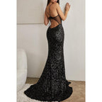 Vestido de noche largo de fiesta con escote corazón, tirantes finos, tul transparente y lentejuelas