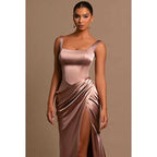 Vestido de noche largo de fiesta con escote cuadrado, abertura en el muslo y fruncido
