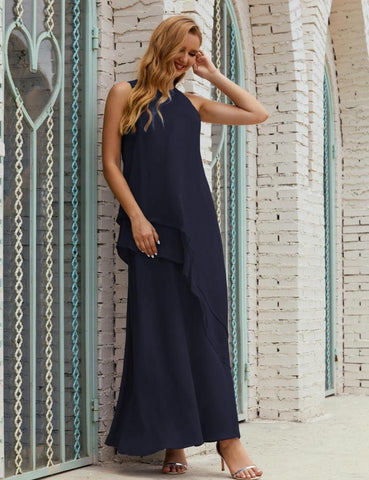 Chiffon Long Plus Size Mother Of Bride Dresses Formal Bridesmaid Prom Gown 28019 Dark Navy