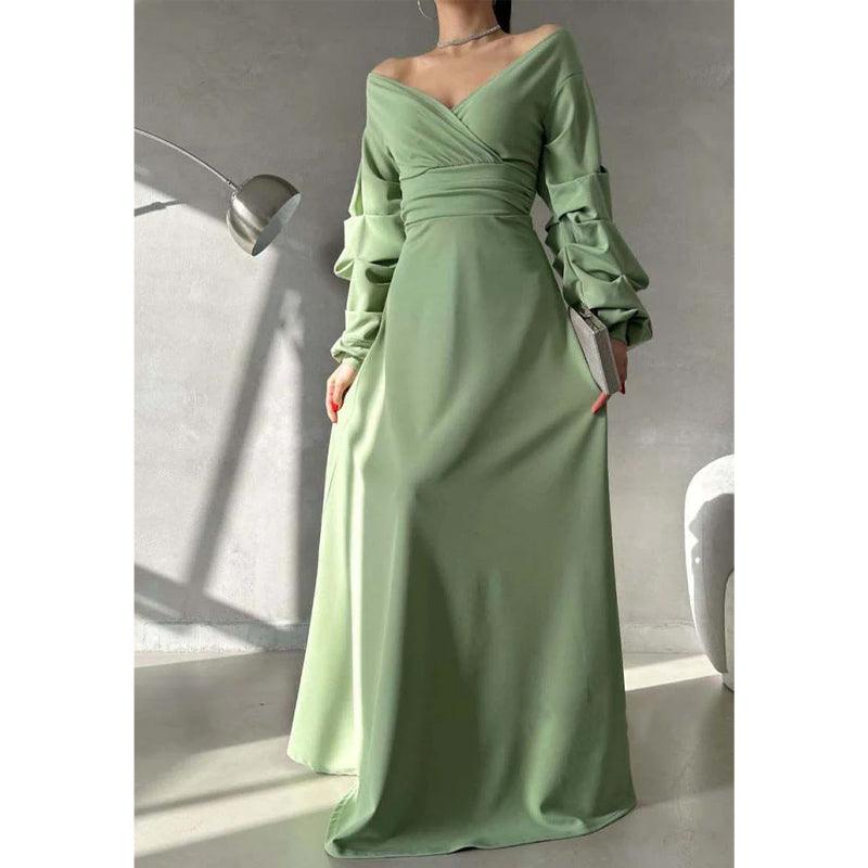 Vestido de fiesta largo sencillo con escote en V, hombros descubiertos y mangas abullonadas 