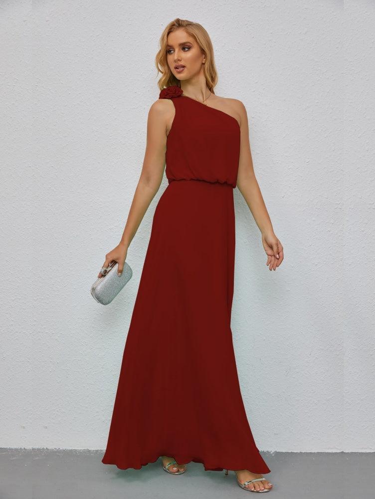 Ruffled One Shoulder Sleeveless Long Bridesmaid Dresses A-line Formal Evening Gown Side Split 28080-numbersea