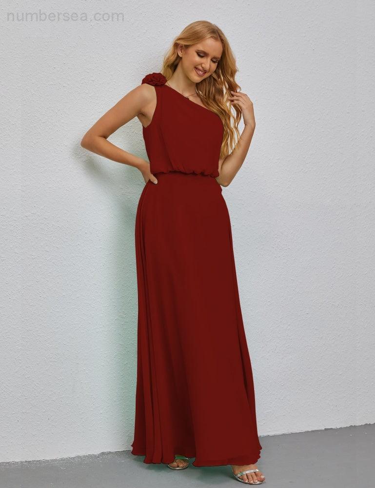 Ruffled One Shoulder Sleeveless Long Bridesmaid Dresses A-line Formal Evening Gown Side Split 28080-numbersea
