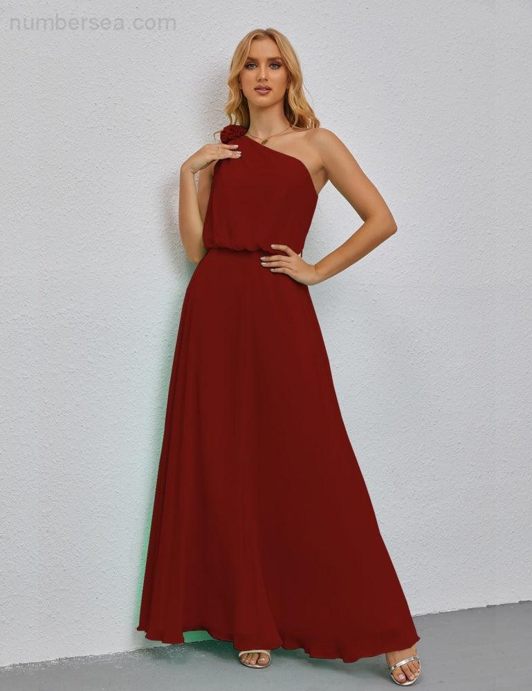 Ruffled One Shoulder Sleeveless Long Bridesmaid Dresses A-line Formal Evening Gown Side Split 28080-numbersea