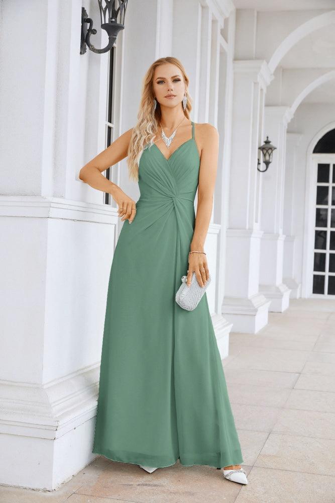 Ladies Chiffon Spaghetti Strap V Neck Front Slit Floor Length Bridesmaid Evening Dress Prom Party Wedding Evening Dress 28116-numbersea