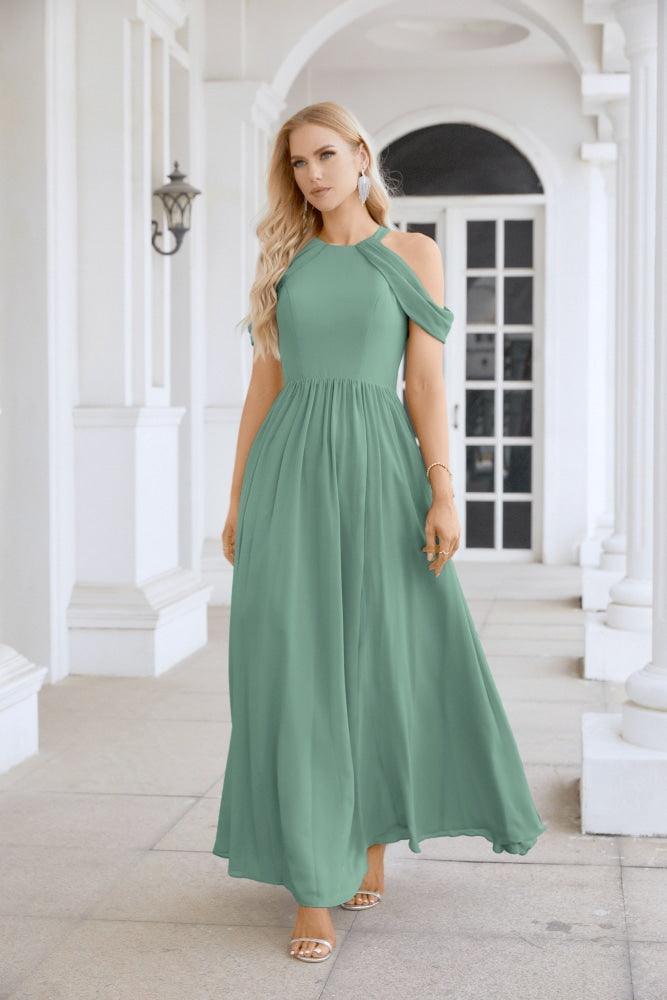 Ladies Chiffon Off Shoulder Swing Sleeve Front Slit Bridesmaid Evening Dress Wedding Party Evening Dress 28117-numbersea