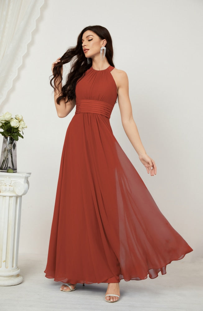 Numbersea Formal Party Gown Dress Chiffon Halter Long Sleeveless Bridesmaid Dresses 2802 Rust Red