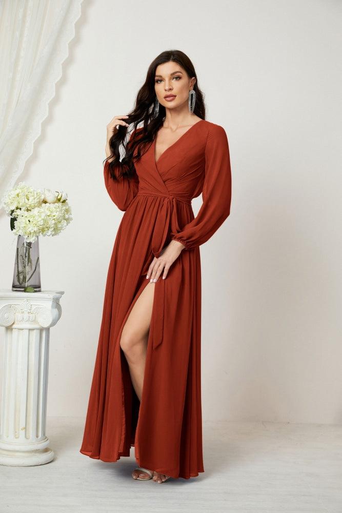 Numbersea Evening Dresses Deep V-Neck Chiffon Bridesmaid Dresses Long Bishop Sleeve Side Split Formal Dress 2806-numbersea