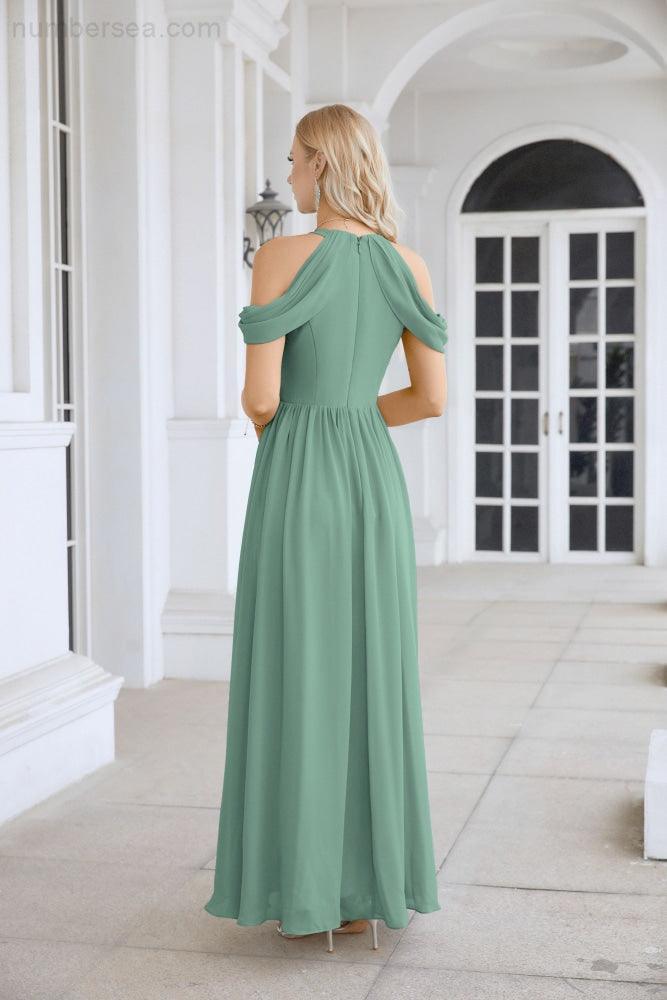 Ladies Chiffon Off Shoulder Swing Sleeve Front Slit Bridesmaid Evening Dress Wedding Party Evening Dress 28117-numbersea