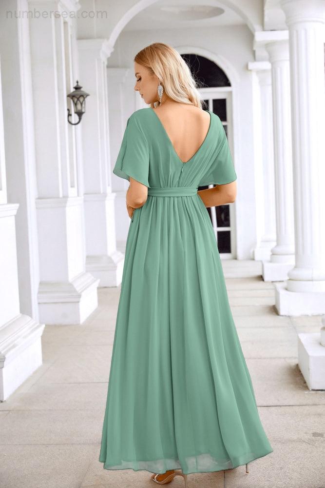 Ladies Chiffon Sleeve Crew Neck Front Slit Floor Length Bridesmaid Evening Dress Wedding Party Evening Dress 28124-numbersea
