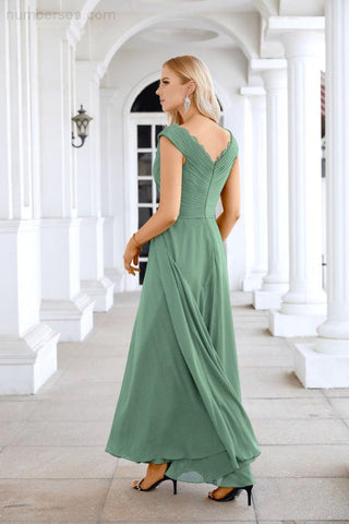 Ladies Chiffon V Neck Sleeveless Floor Length Bridesmaid Evening Dress Wedding Party Evening Dress 28126-numbersea
