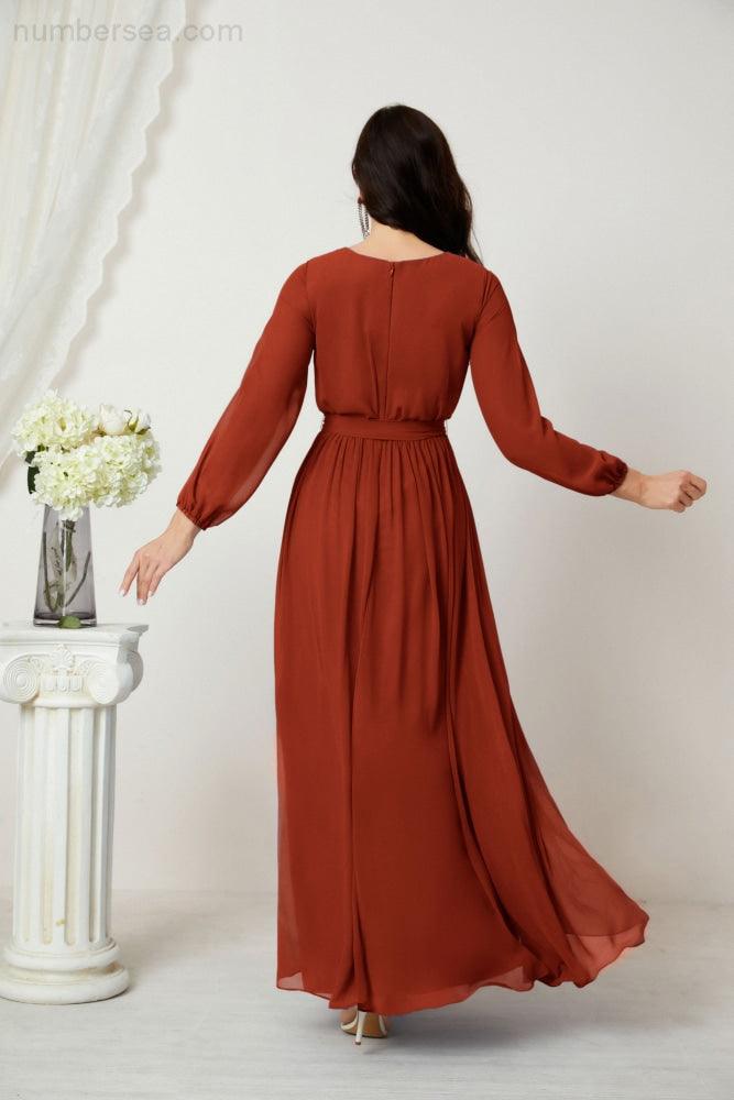 Numbersea Evening Dresses Deep V-Neck Chiffon Bridesmaid Dresses Long Bishop Sleeve Side Split Formal Dress 2806-numbersea